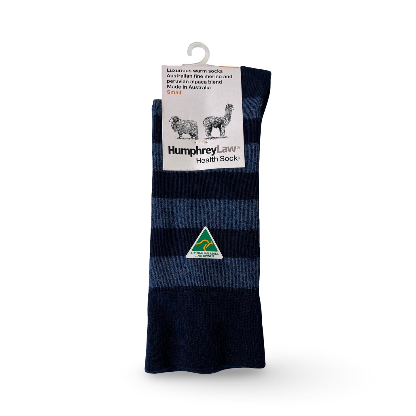 Pair of striped socks with a Humphrey Law label on a white background